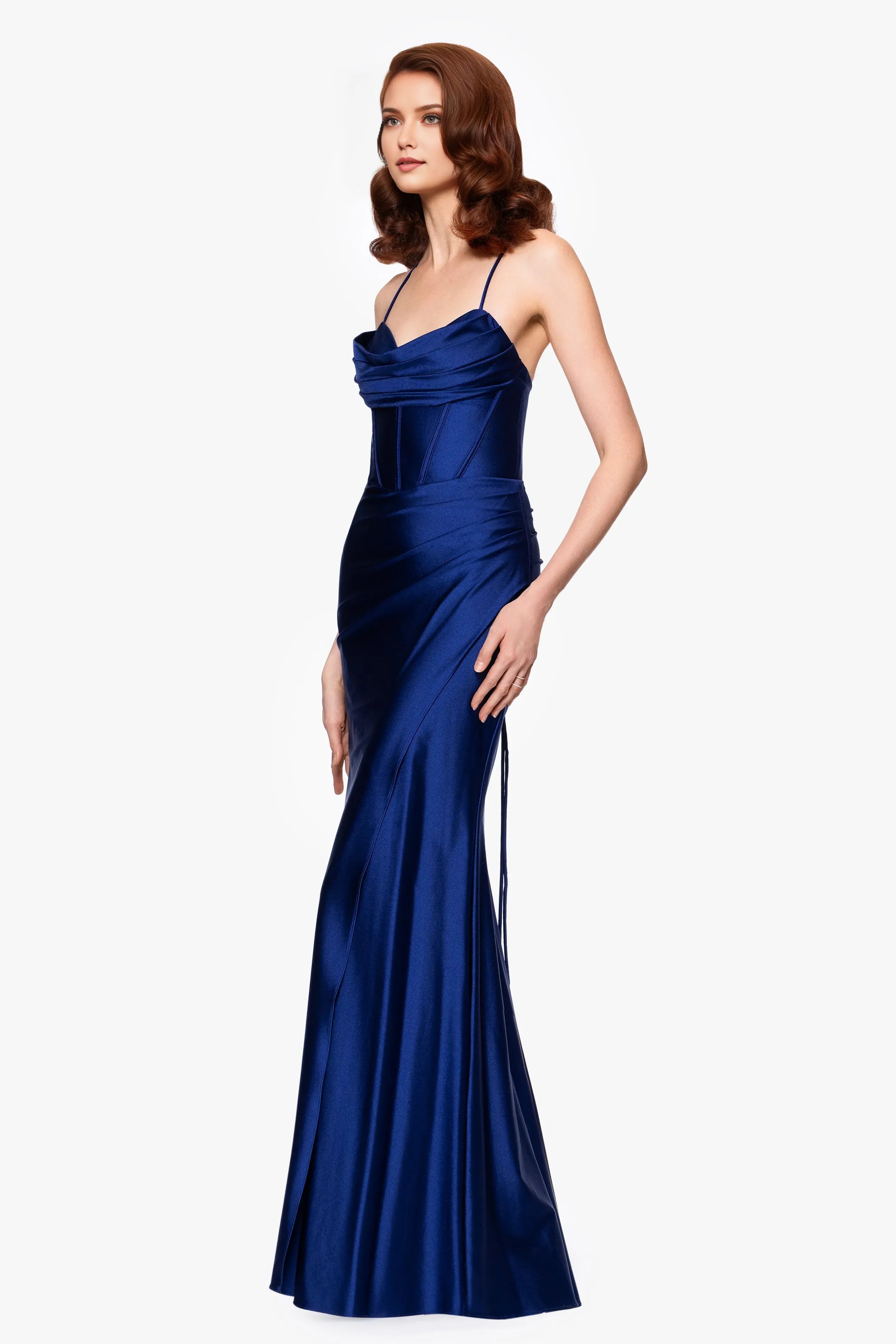 Elegant Navy Mermaid Sweetheart Neck Sleeveless Crisscross Back Floor-Length Ruched Satin Prom Dresses Hot Sale