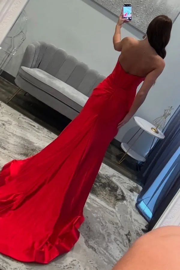 Elegant Mermaid Sweetheart Neck Sleeveless Pleated Bow Knot Back Zip High Side Slit Satin Sweep/Brush Train Prom Dresses