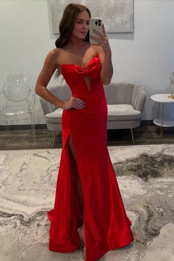 Elegant Mermaid Sweetheart Neck Sleeveless Pleated Bow Knot Back Zip High Side Slit Satin Sweep/Brush Train Prom Dresses
