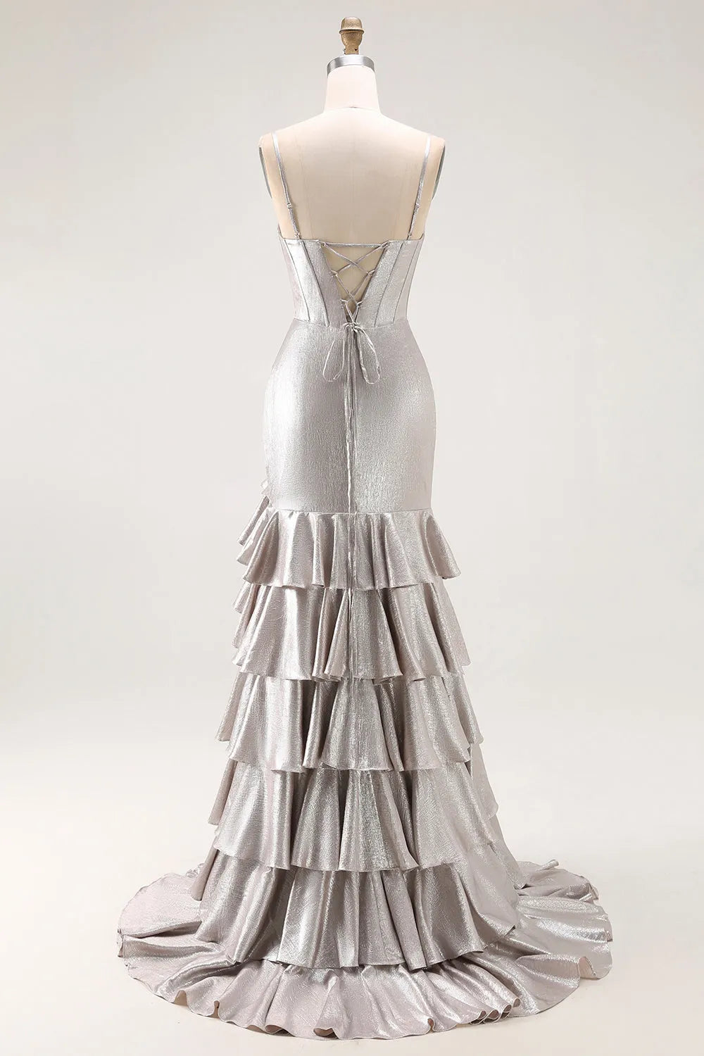 Elegant Mermaid Sweetheart Neck Spaghetti Strap Metallic Lace Up Back Tiered Ruffle Floor - Length Prom Dress with Slit