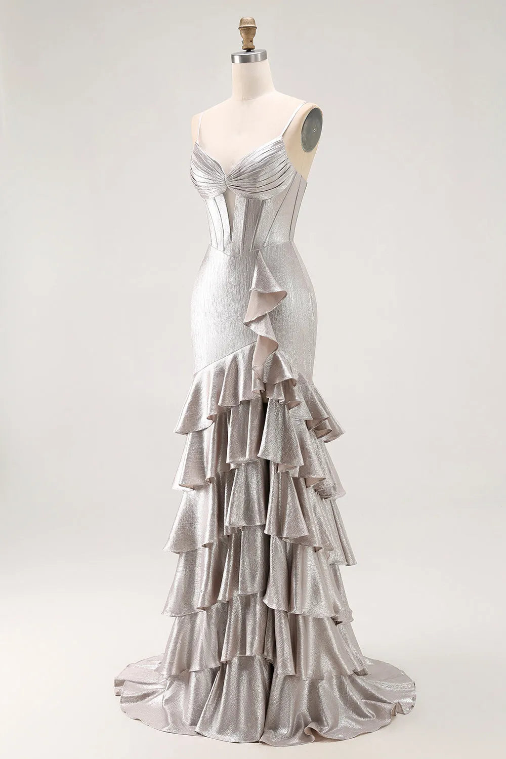 Elegant Mermaid Sweetheart Neck Spaghetti Strap Metallic Lace Up Back Tiered Ruffle Floor - Length Prom Dress with Slit