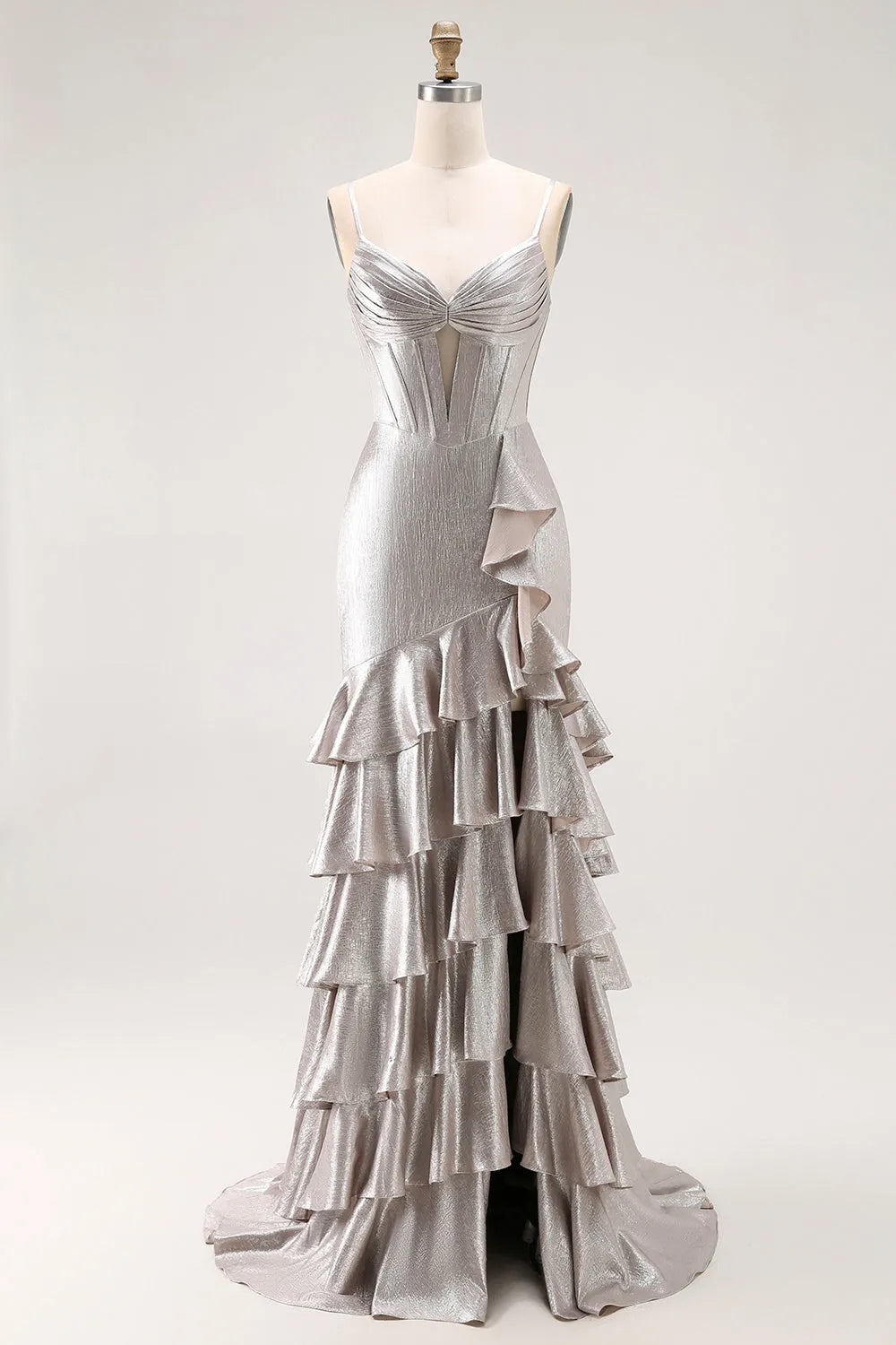 Elegant Mermaid Sweetheart Neck Spaghetti Strap Metallic Lace Up Back Tiered Ruffle Floor - Length Prom Dress with Slit