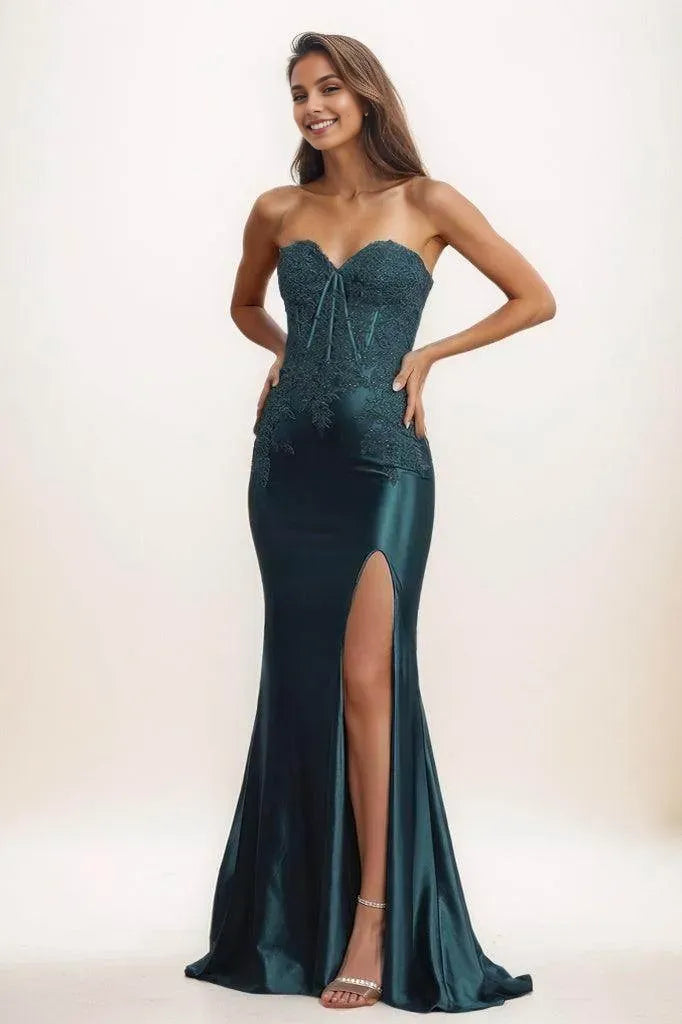 Elegant Mermaid Sweetheart Neck Strapless Back Zip Floor-Length Lace Appliques Satin High Slit Prom Dresses