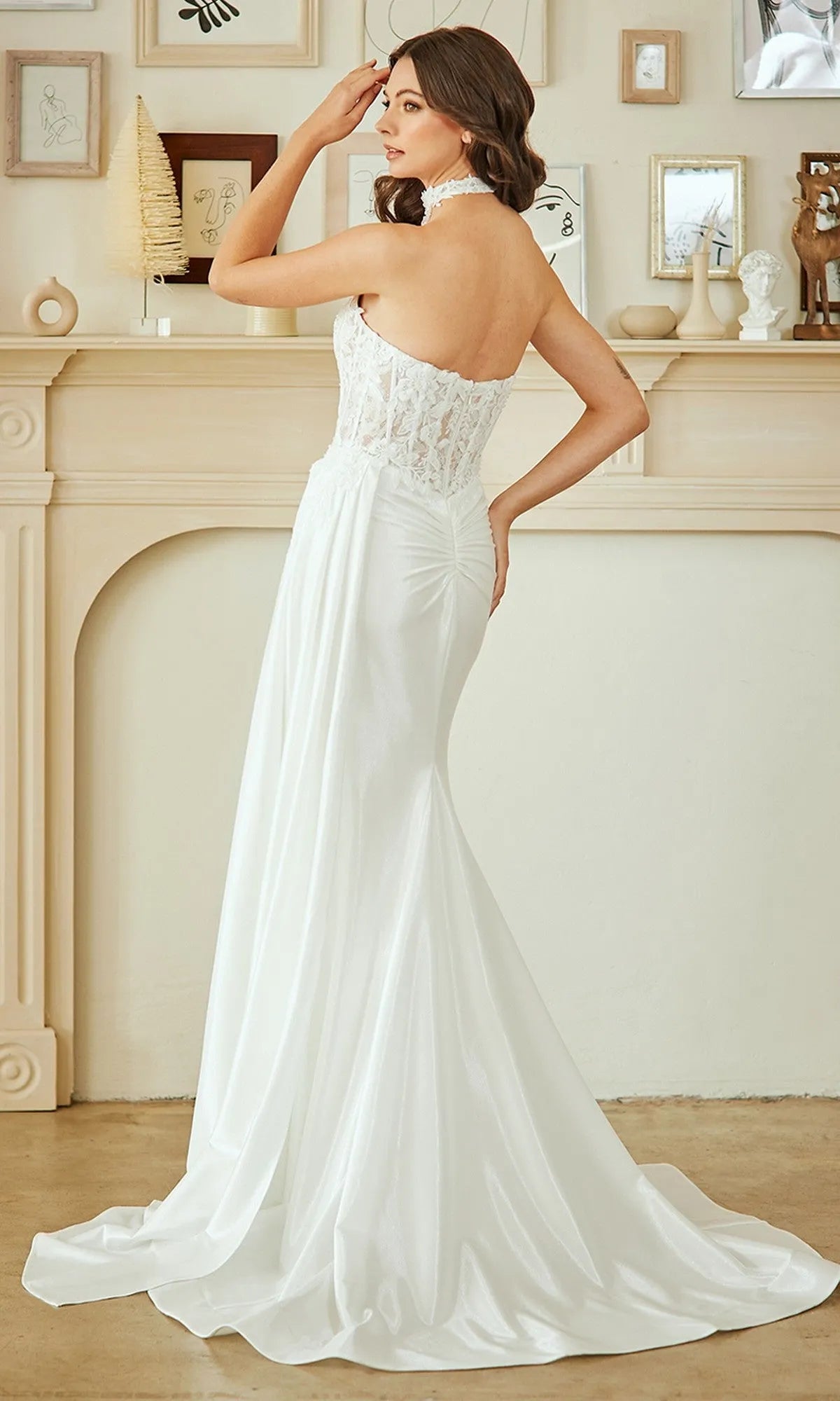 Elegant Mermaid Sweetheart Neck Strapless Back Zip Floor-Length Lace floral Detail Satin High Slit Prom Dresses