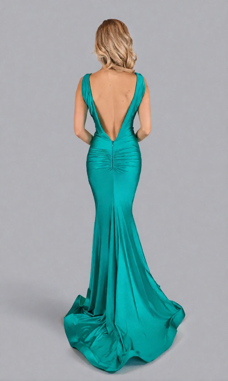 Elegant Mermaid V-Neck Sleeveless Open V Back Satin Back Zip Slit Sweep Train Prom Dresses