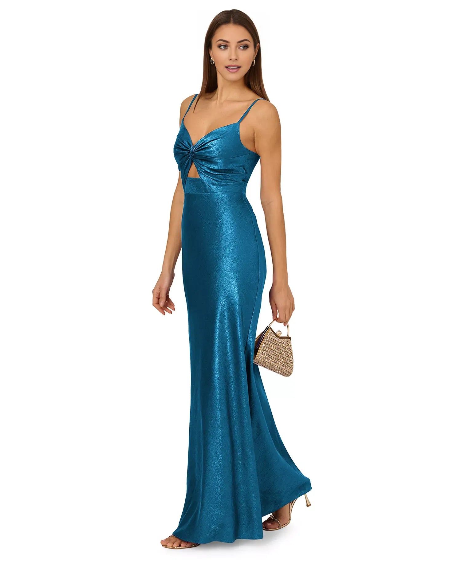 Elegant Mermaid V -Neck Spaghetti Strap Back Zip Floor-Length Metallic Prom Dress with Twist Cut-Out Detail