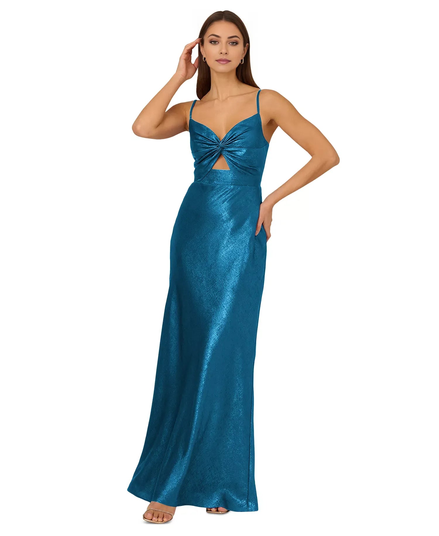 Elegant Mermaid V -Neck Spaghetti Strap Back Zip Floor-Length Metallic Prom Dress with Twist Cut-Out Detail