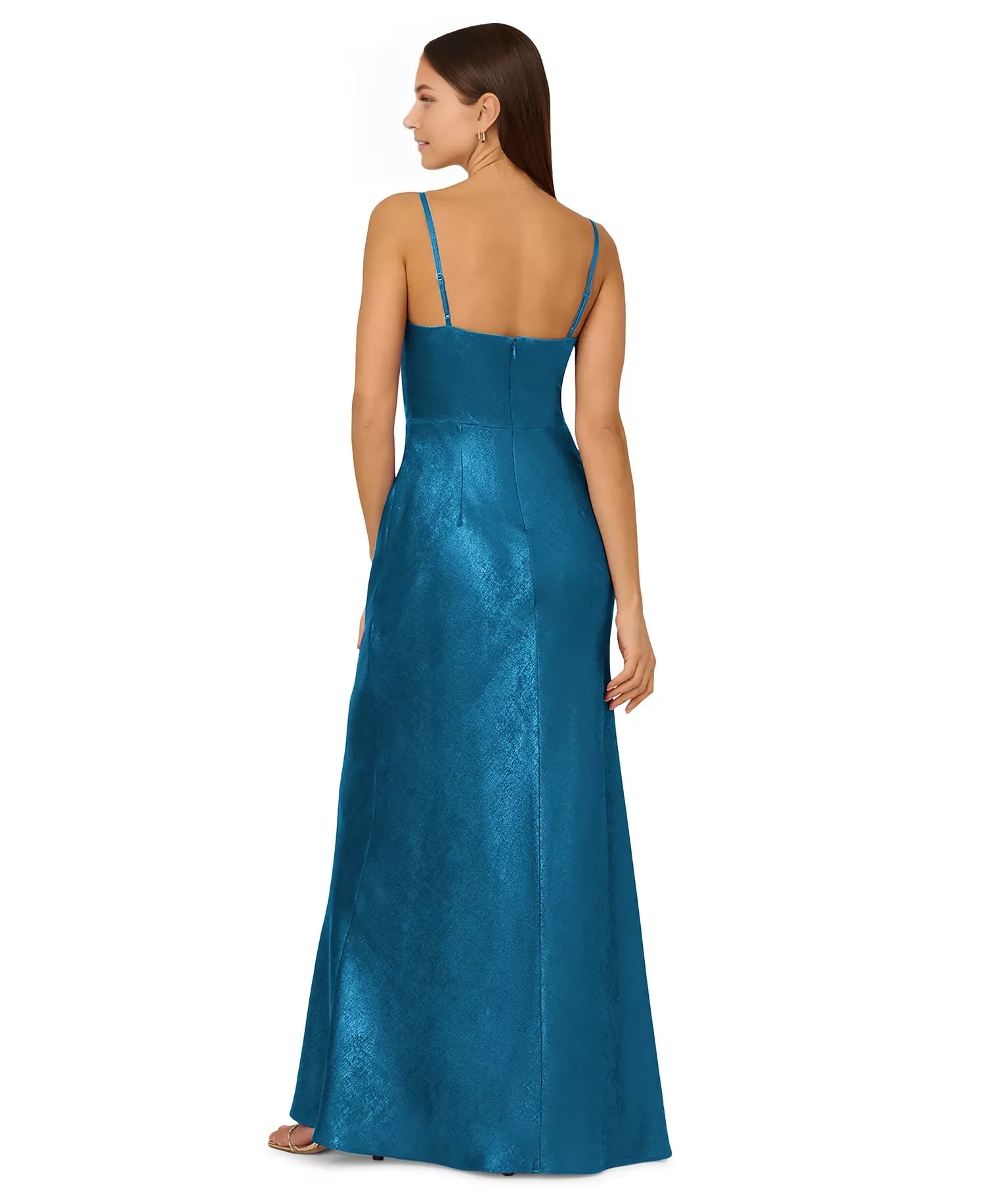 Elegant Mermaid V -Neck Spaghetti Strap Back Zip Floor-Length Metallic Prom Dress with Twist Cut-Out Detail