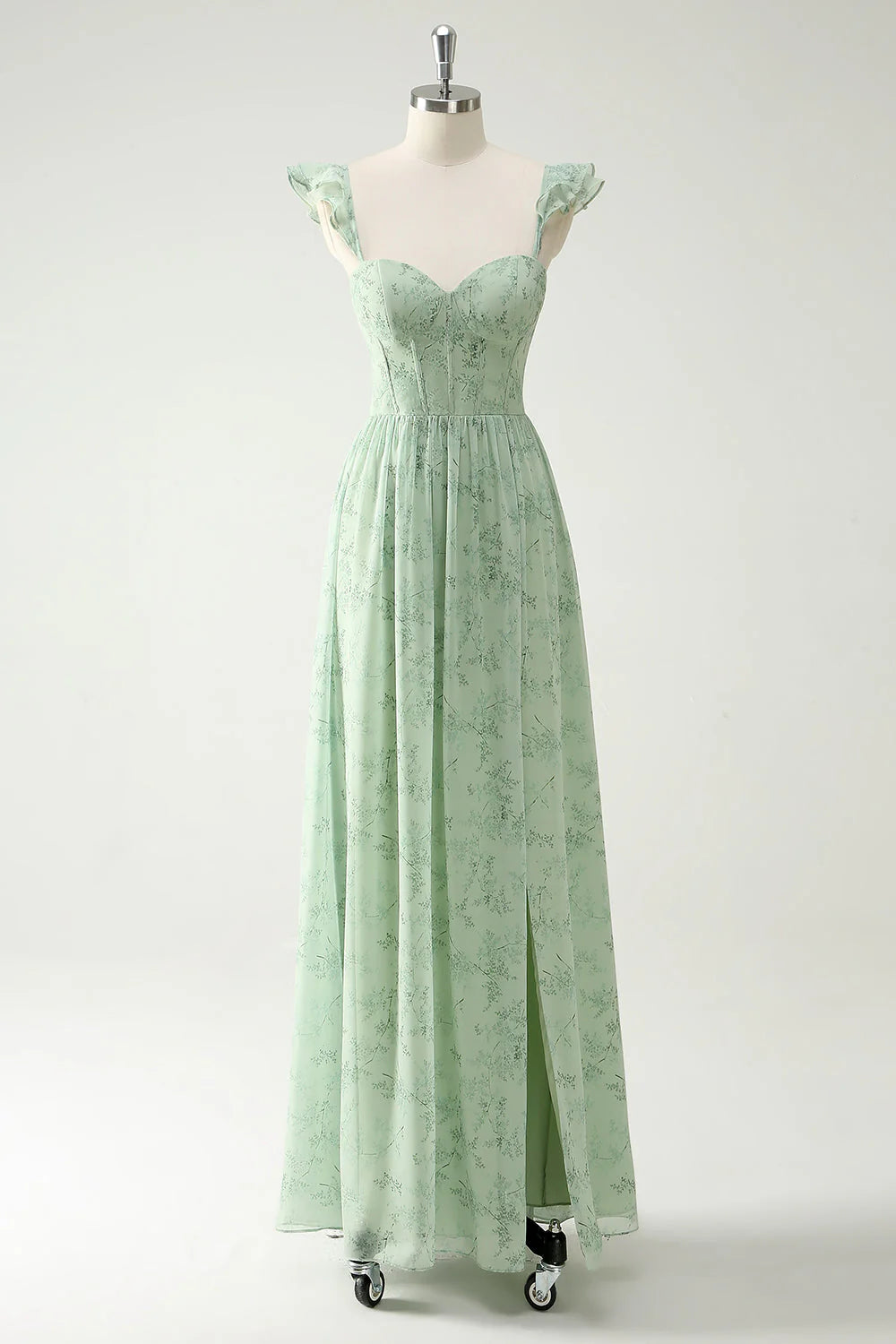 Elegant Mint Green A Line Ruffled Straps Corset Long Bridesmaid Dress with Slit