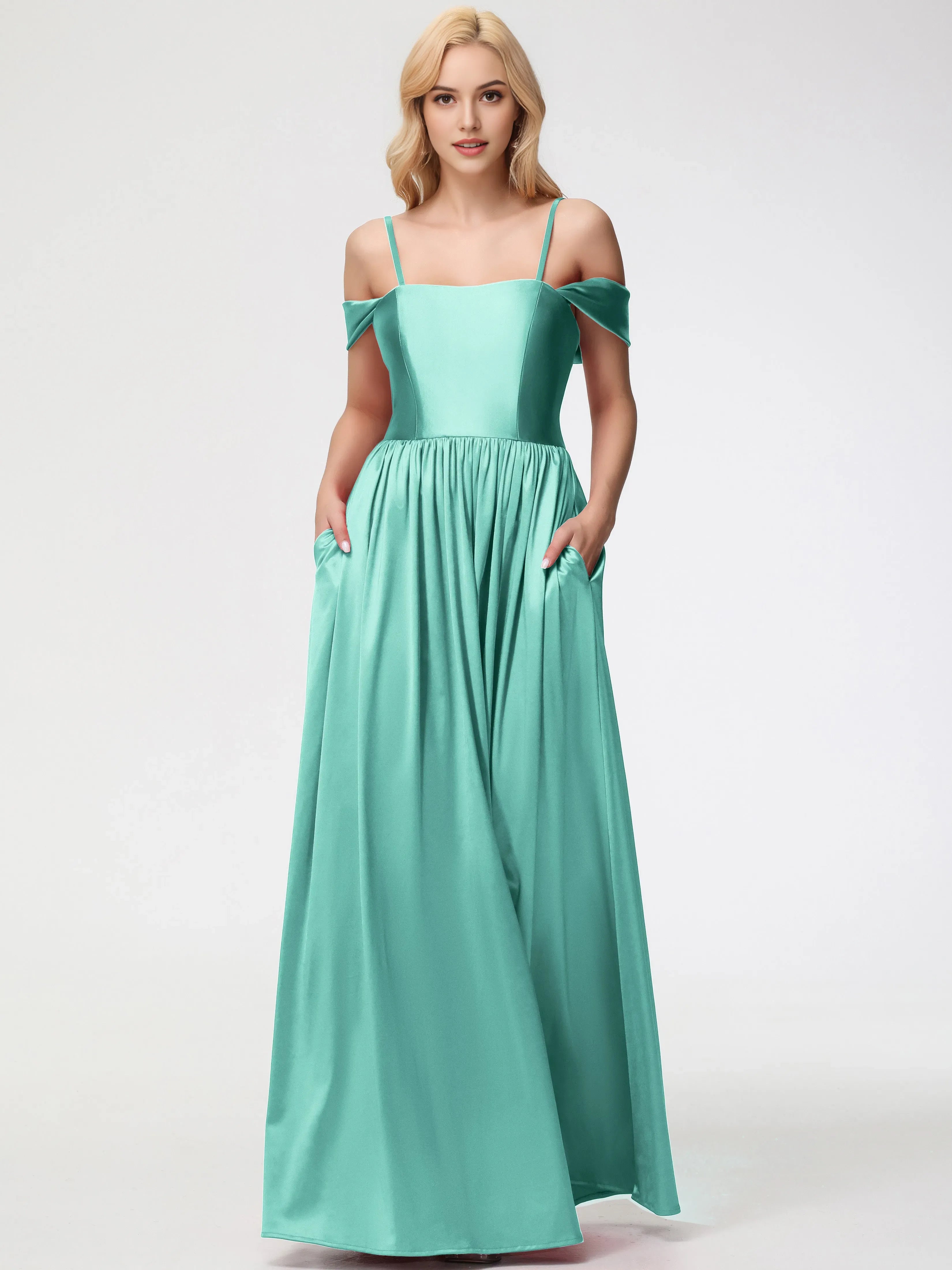 Elegant Mint Green Length Satin Prom Dress with Off -Shoulder Straps and Flowy Skirt