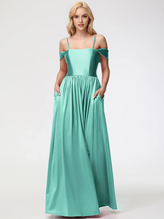 Elegant Mint Green Length Satin Prom Dress with Off -Shoulder Straps and Flowy Skirt