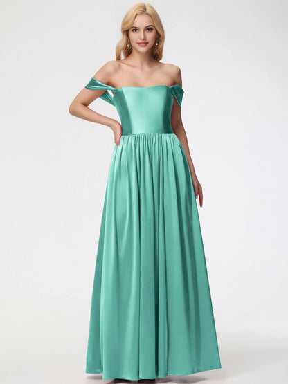 Elegant Mint Green Length Satin Prom Dress with Off -Shoulder Straps and Flowy Skirt