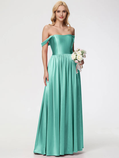 Elegant Mint Green Length Satin Prom Dress with Off -Shoulder Straps and Flowy Skirt