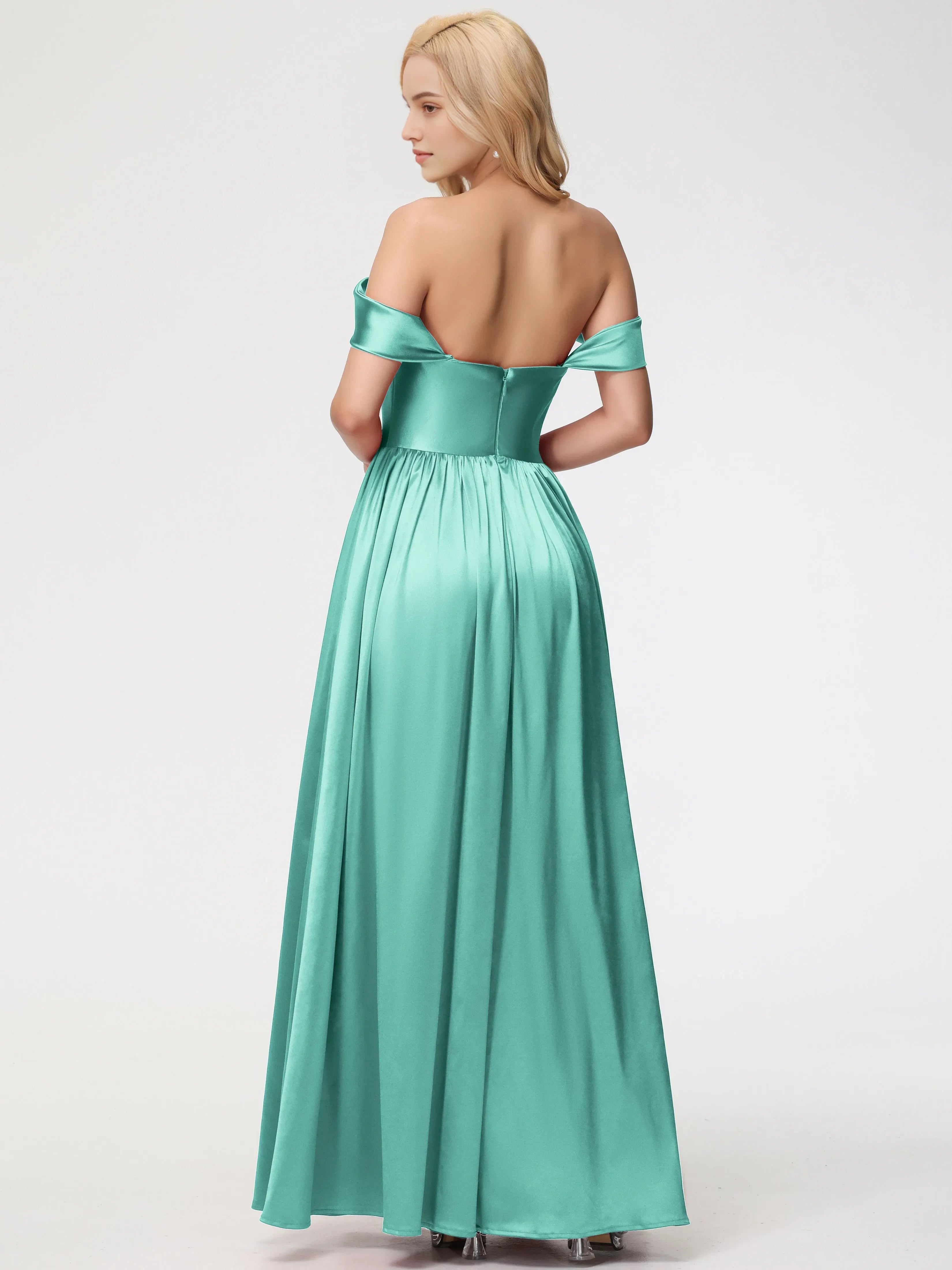 Elegant Mint Green Length Satin Prom Dress with Off -Shoulder Straps and Flowy Skirt