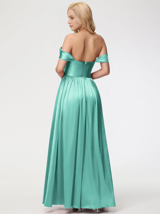 Elegant Mint Green Length Satin Prom Dress with Off -Shoulder Straps and Flowy Skirt