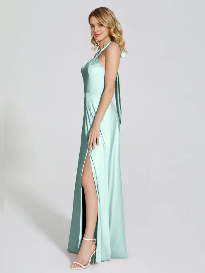 Elegant Mint Green Satin Halter Neck Backless Halter Soft Prom Dress With Cutout Detail and High Side Slit