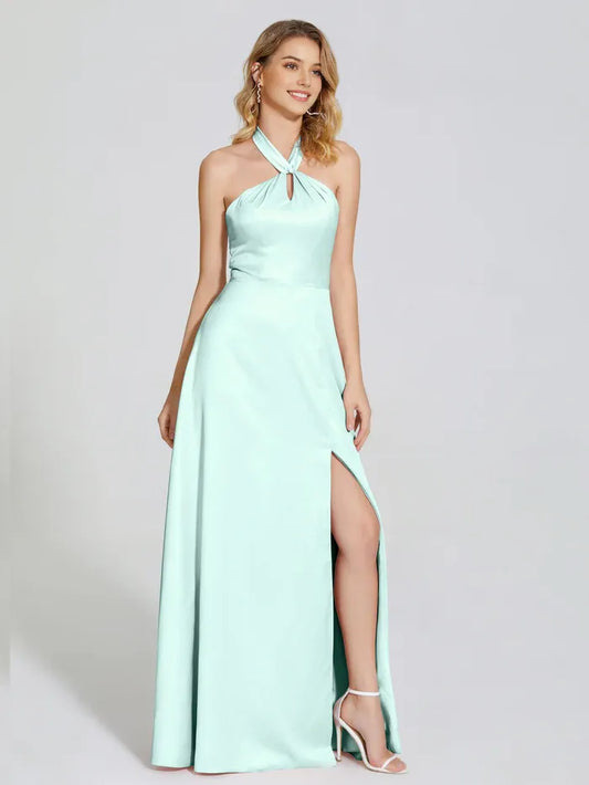 Elegant Mint Green Satin Halter Neck Backless Halter Soft Prom Dress With Cutout Detail and High Side Slit