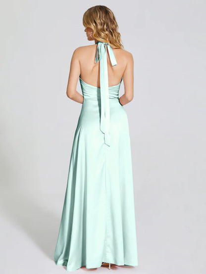 Elegant Mint Green Satin Halter Neck Backless Halter Soft Prom Dress With Cutout Detail and High Side Slit