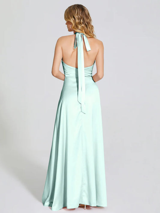 Elegant Mint Green Satin Halter Neck Backless Halter Soft Prom Dress With Cutout Detail and High Side Slit