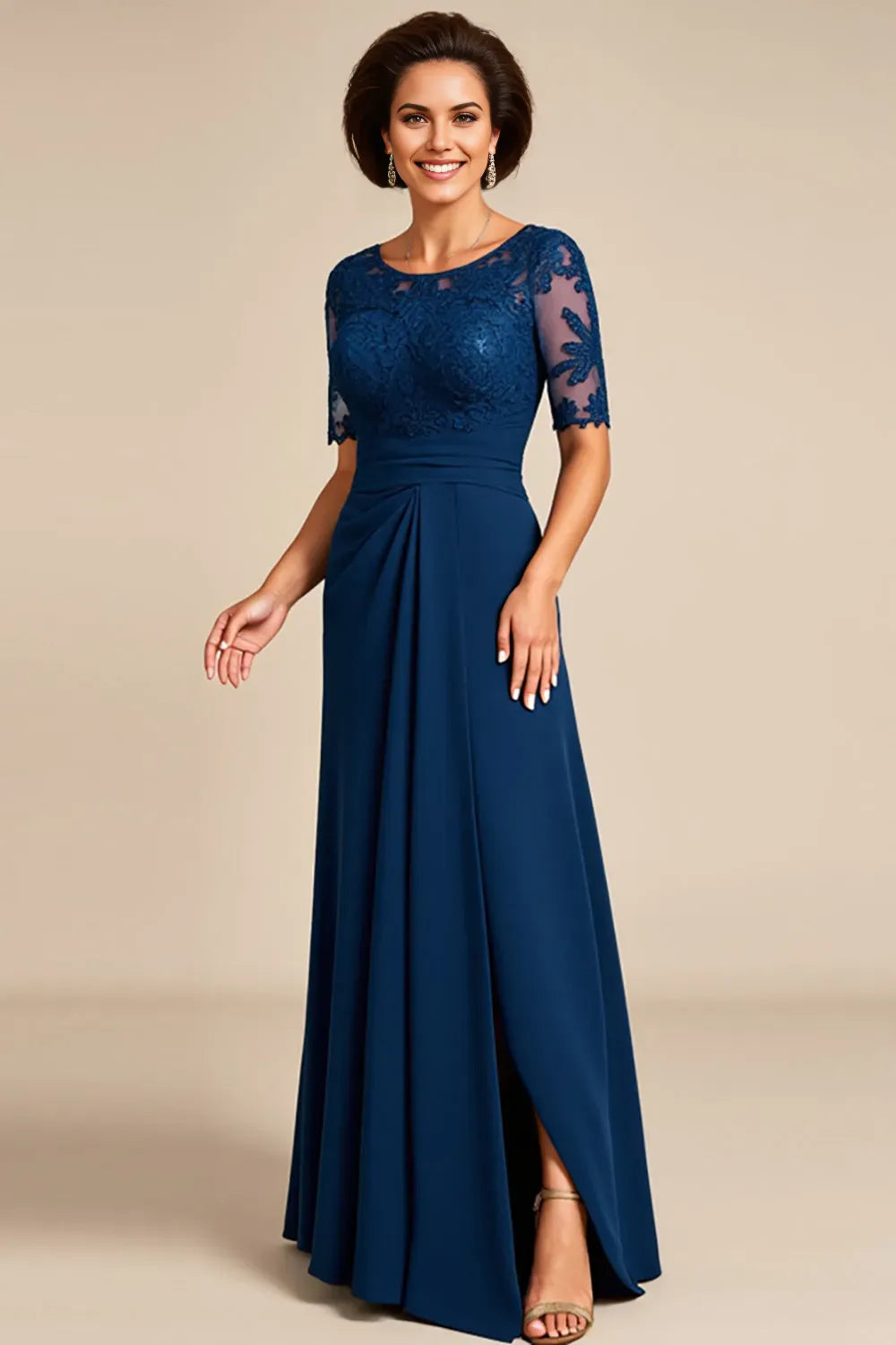 Elegant Navy A-Line Boat Neck Lace Half Sleeve Appliqued Back Zip Floor-Length Mother of the Bride Dress With Side Leg Slit