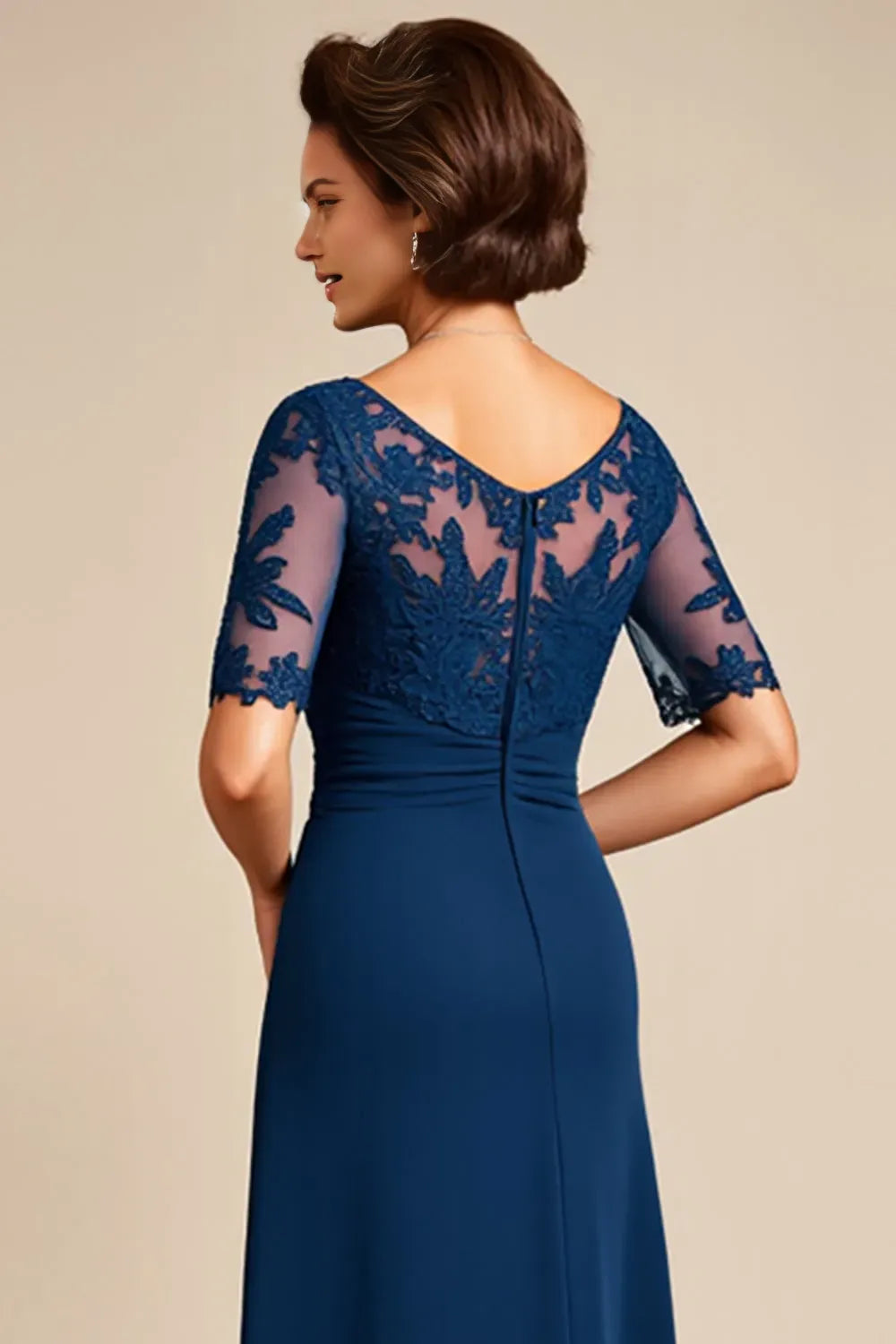 Elegant Navy A-Line Boat Neck Lace Half Sleeve Appliqued Back Zip Floor-Length Mother of the Bride Dress With Side Leg Slit