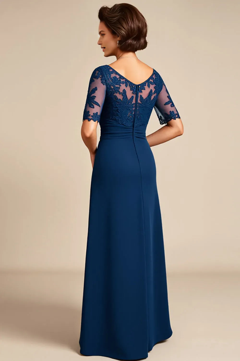 Elegant Navy A-Line Boat Neck Lace Half Sleeve Appliqued Back Zip Floor-Length Mother of the Bride Dress With Side Leg Slit