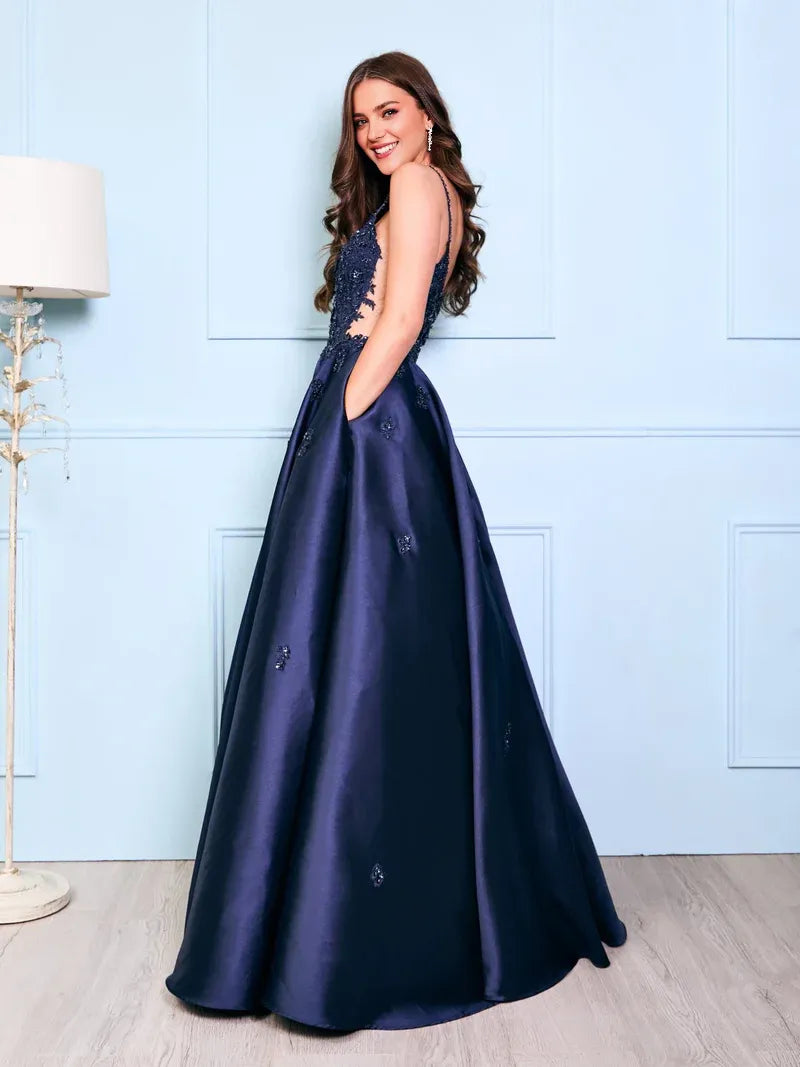 Elegant Navy A-Line Deep-V -Neck Spaghetti Straps Back Zip Lace Applique Satin Floor-Length Prom Dresses