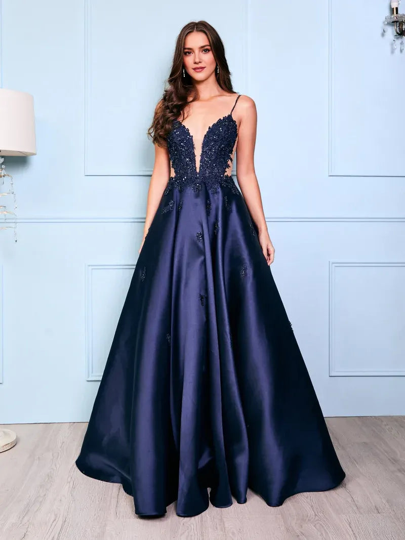 Elegant Navy A-Line Deep-V -Neck Spaghetti Straps Back Zip Lace Applique Satin Floor-Length Prom Dresses