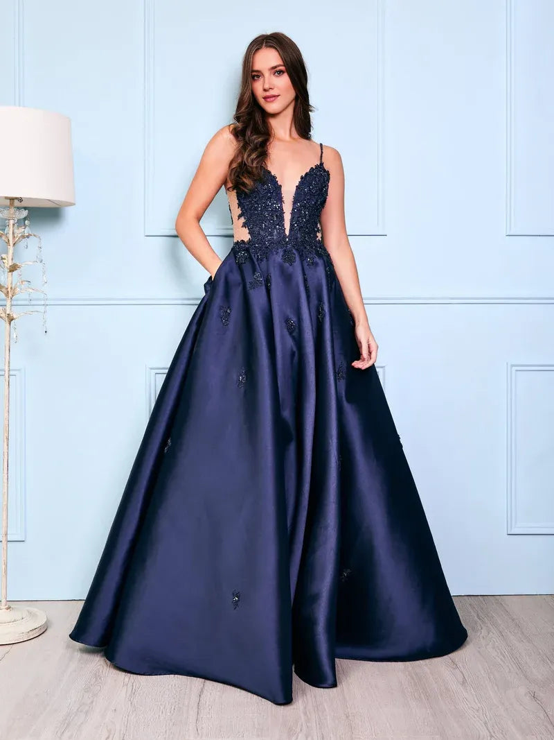 Elegant Navy A-Line Deep-V -Neck Spaghetti Straps Back Zip Lace Applique Satin Floor-Length Prom Dresses