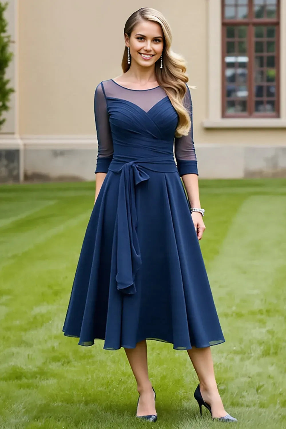 Elegant Navy A-Line Illusion Neck Three-Quarter Sleeve Back Zip Tea-Length Mother of the Bride Dress