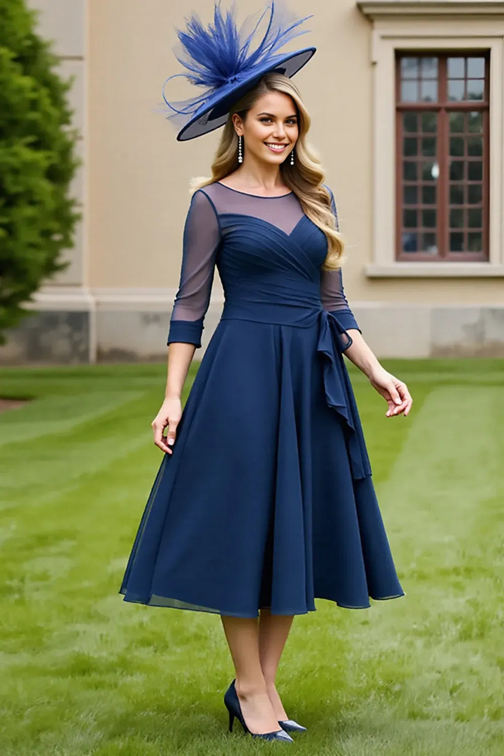 Elegant Navy A-Line Illusion Neck Three-Quarter Sleeve Back Zip Tea-Length Mother of the Bride Dress