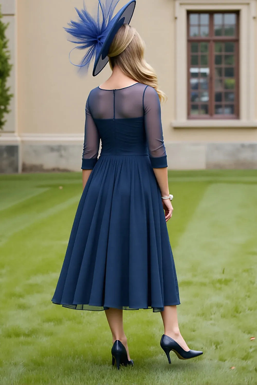 Elegant Navy A-Line Illusion Neck Three-Quarter Sleeve Back Zip Tea-Length Mother of the Bride Dress