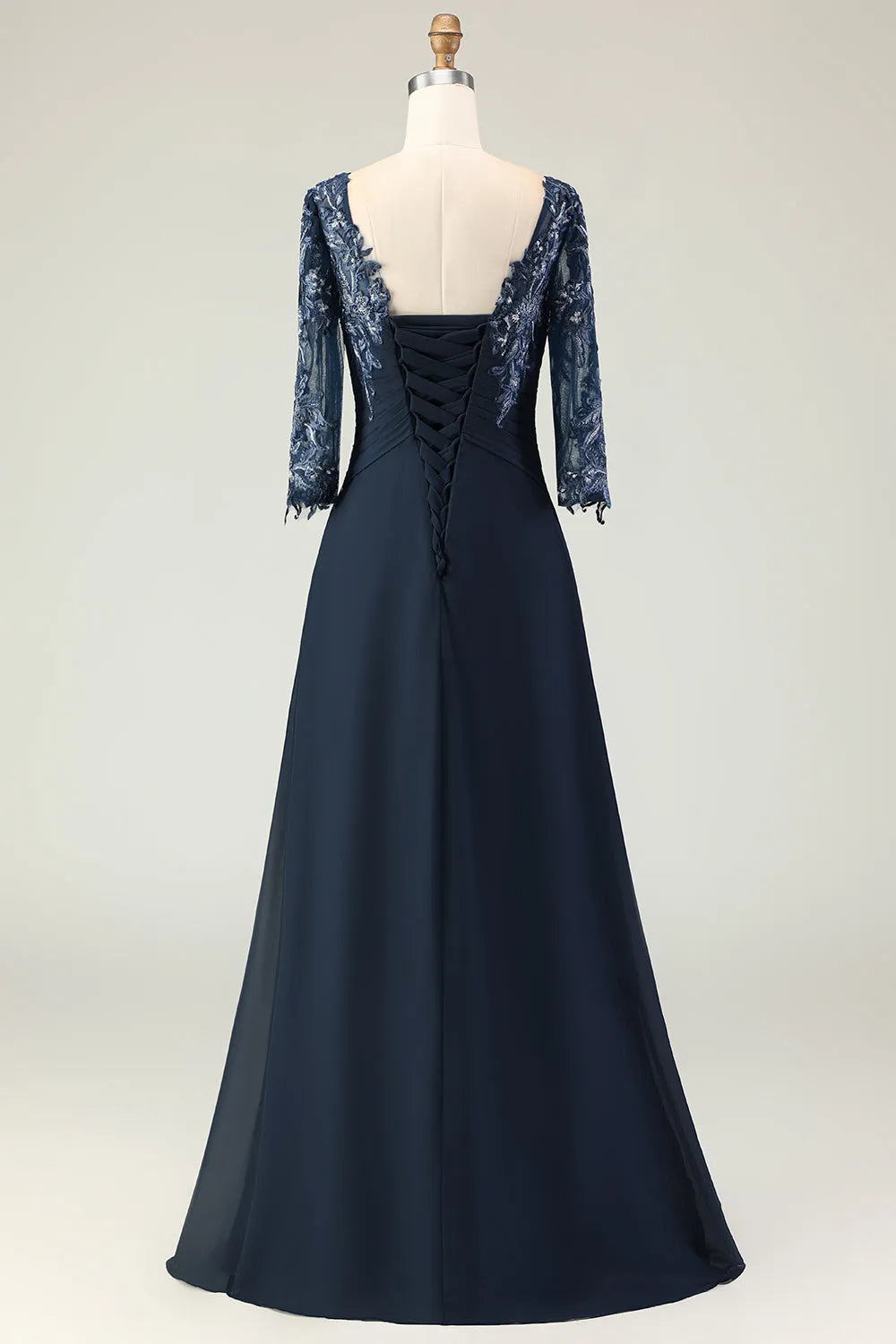 Elegant Navy A-Line Scoop Neck Half Sleeve Lace Up Back Appliqued Mother Of The Bride Dresses
