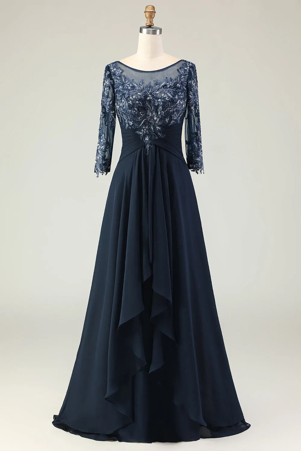 Elegant Navy A-Line Scoop Neck Half Sleeve Lace Up Back Appliqued Mother Of The Bride Dresses
