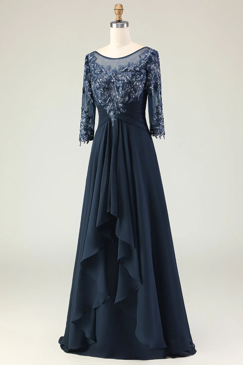 Elegant Navy A-Line Scoop Neck Half Sleeve Lace Up Back Appliqued Mother Of The Bride Dresses