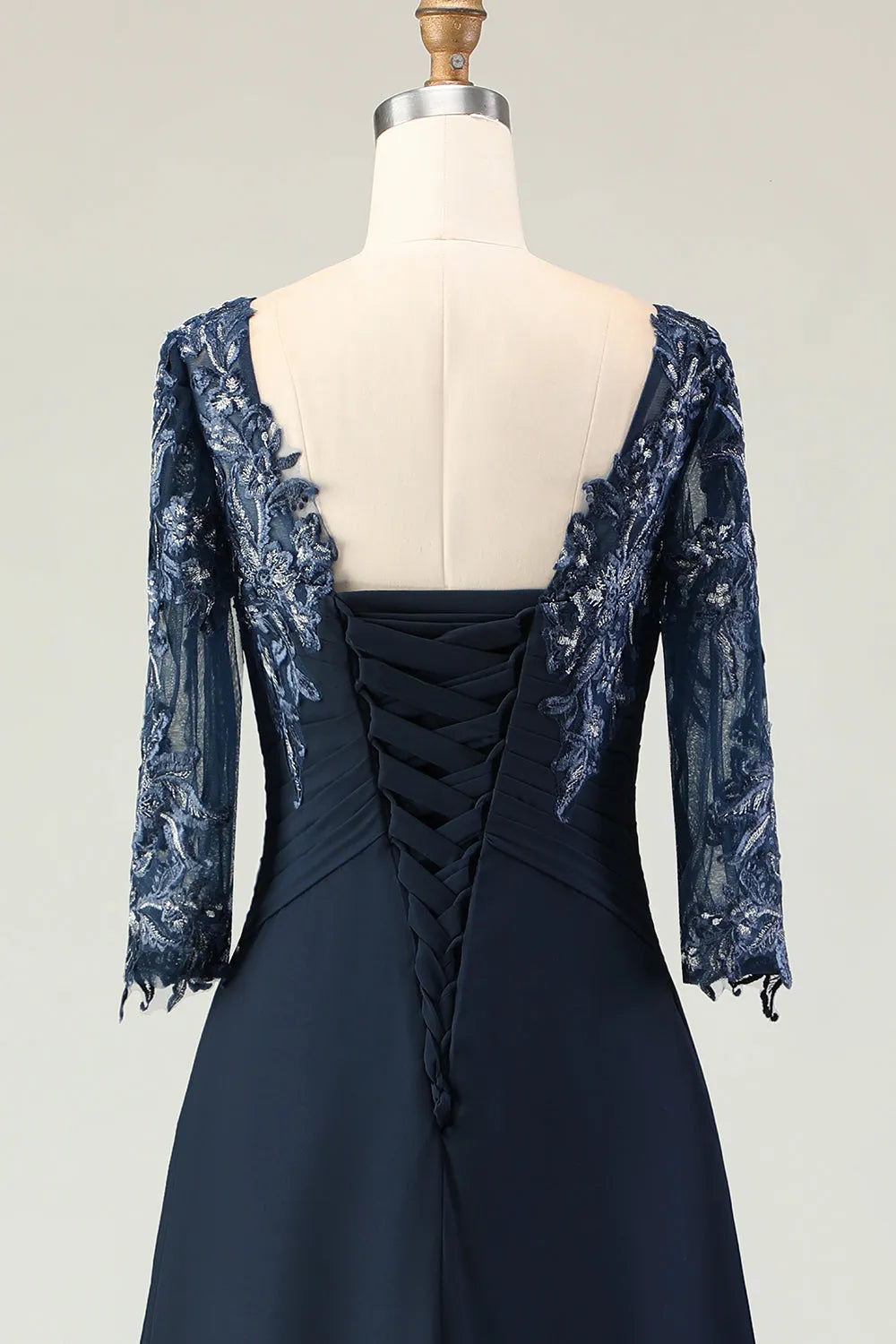 Elegant Navy A-Line Scoop Neck Half Sleeve Lace Up Back Appliqued Mother Of The Bride Dresses