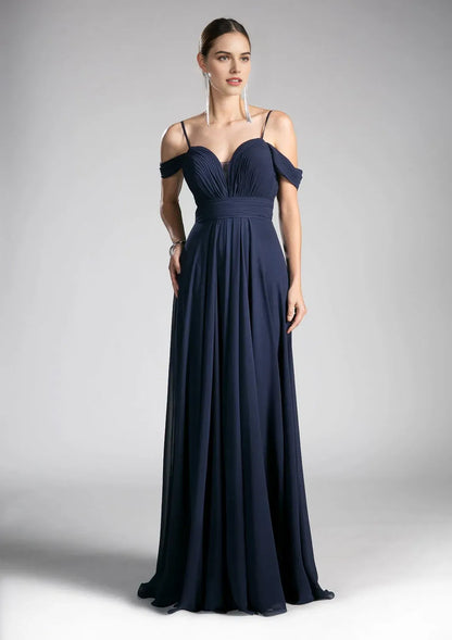 Elegant Navy A-line chiffon sweetheart ruched One Shoulder Back Zip open V-back Floor length prom dress ready to ship