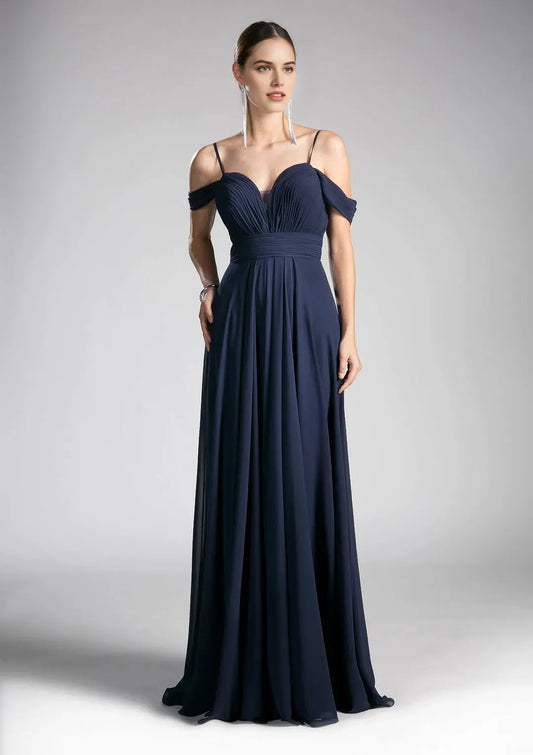 Elegant Navy A-line chiffon sweetheart ruched One Shoulder Back Zip open V-back Floor length prom dress ready to ship