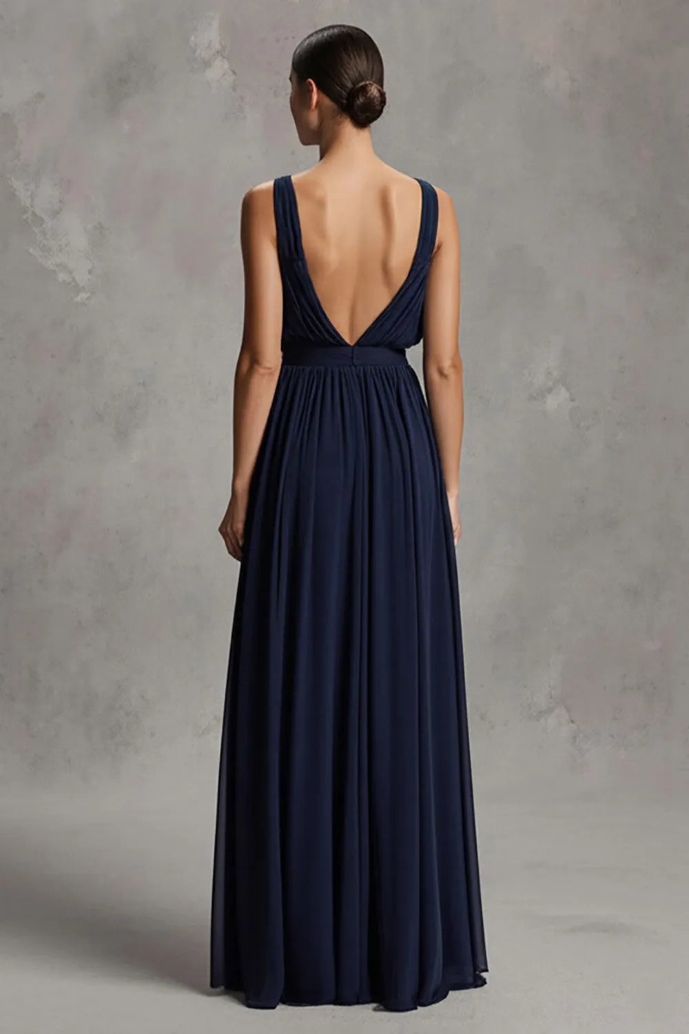 Elegant Navy A Line Plunging V-Neck Sleeveless Backless High Side Slit Floor-Length Prom Dresses