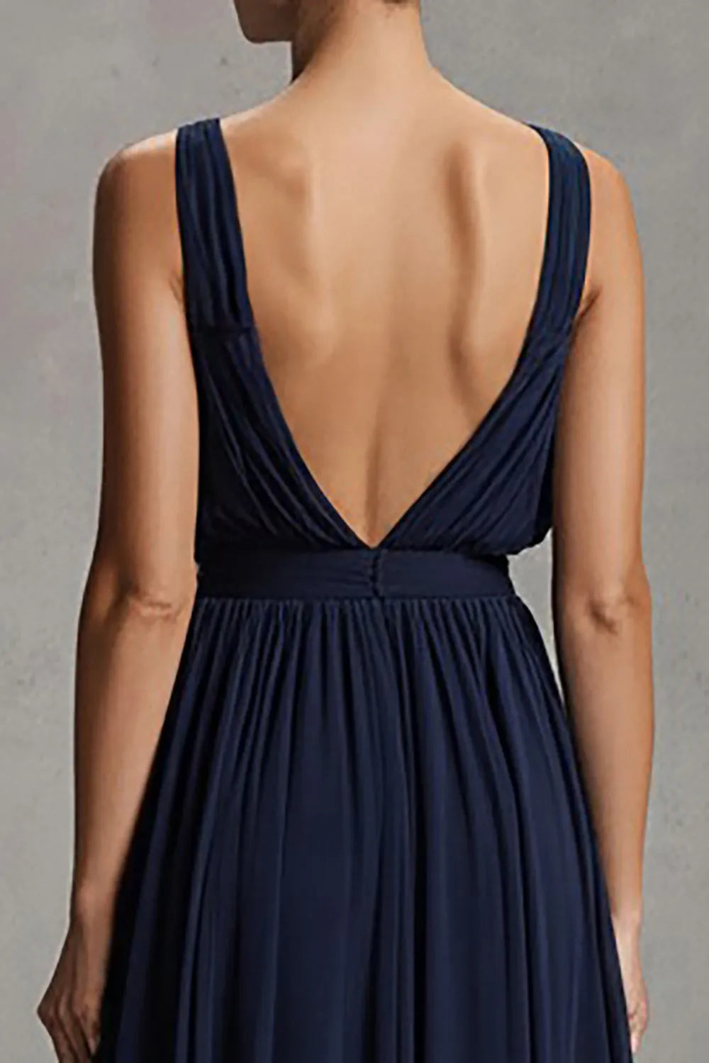 Elegant Navy A Line Plunging V-Neck Sleeveless Backless High Side Slit Floor-Length Prom Dresses
