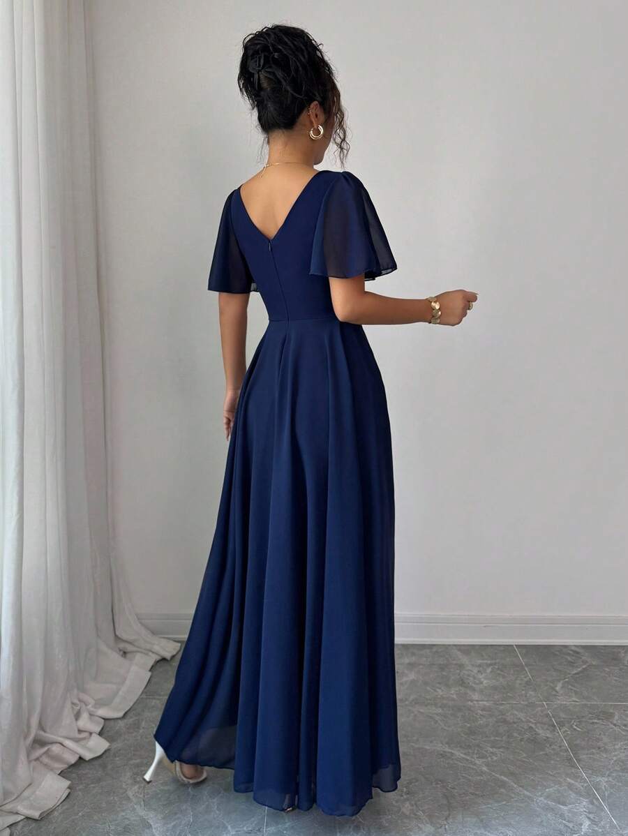 Elegant Navy Blue A-Line V-Neck Flutter Sleeve Back Zip Chiffon Ankle-Length Prom Dresses