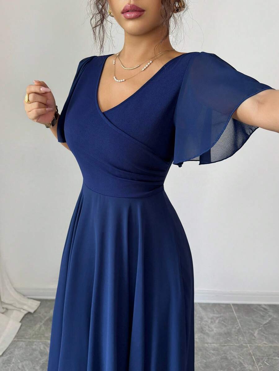 Elegant Navy Blue A-Line V-Neck Flutter Sleeve Back Zip Chiffon Ankle-Length Prom Dresses