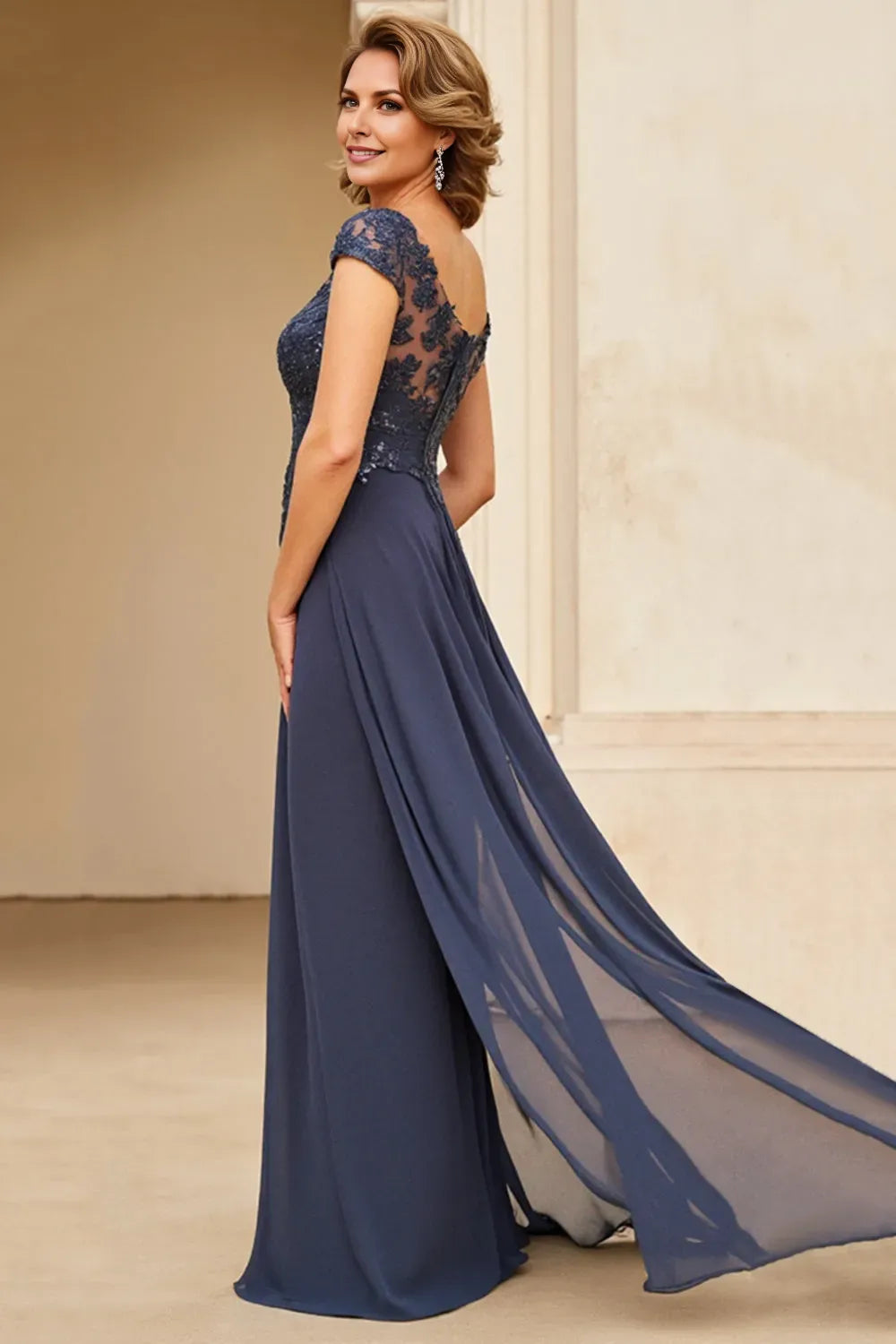 Elegant Navy Blue Chiffon Lace Cap Sleeve A-Line Appliques Mother of the Bride Dress for mother of the bride hot sale