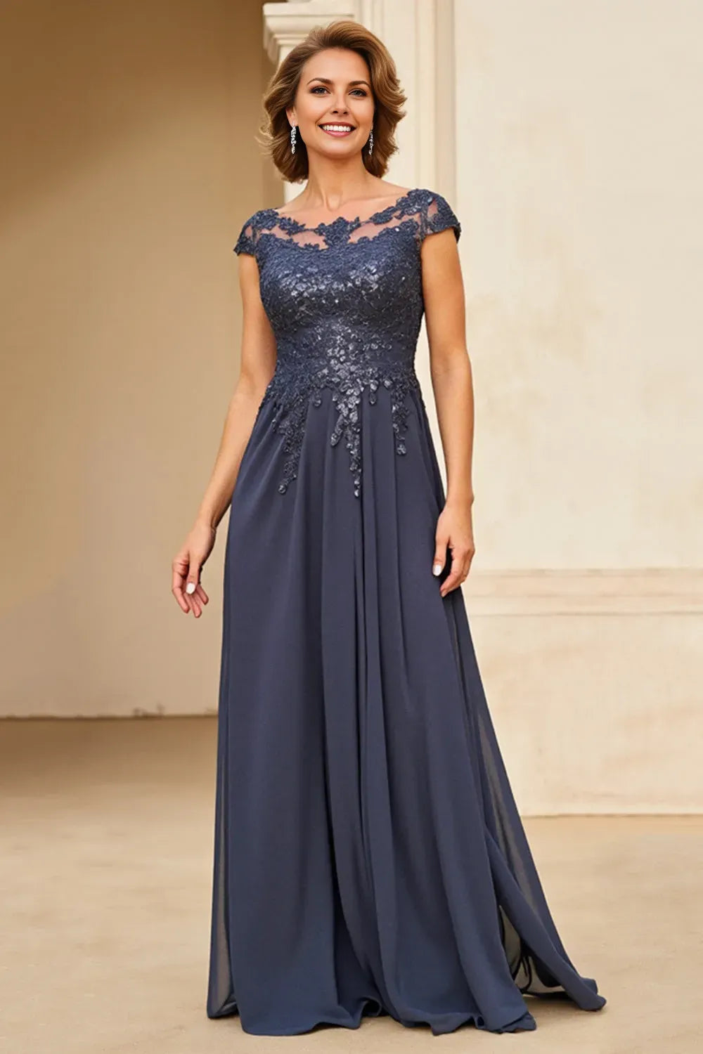 Elegant Navy Blue Chiffon Lace Cap Sleeve A-Line Appliques Mother of the Bride Dress for mother of the bride hot sale