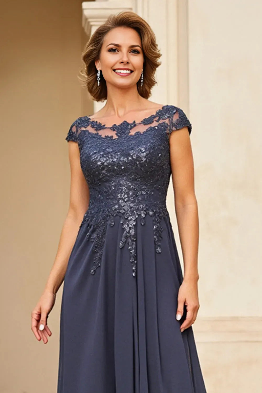 Elegant Navy Blue Chiffon Lace Cap Sleeve A-Line Appliques Mother of the Bride Dress for mother of the bride hot sale