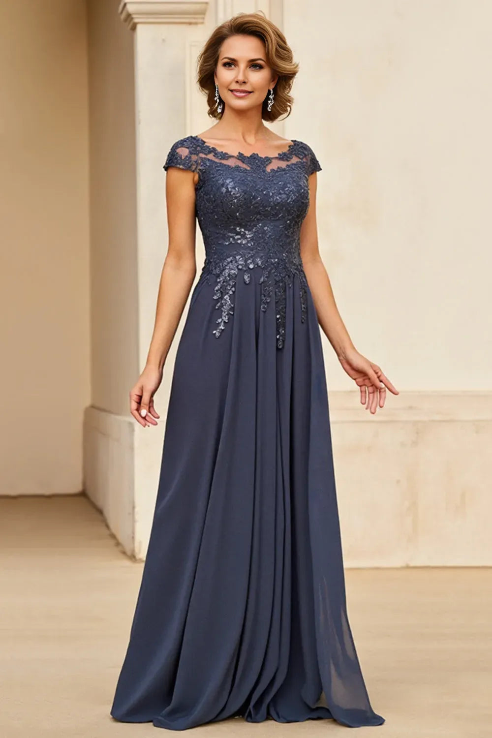 Elegant Navy Blue Chiffon Lace Cap Sleeve A-Line Appliques Mother of the Bride Dress for mother of the bride hot sale
