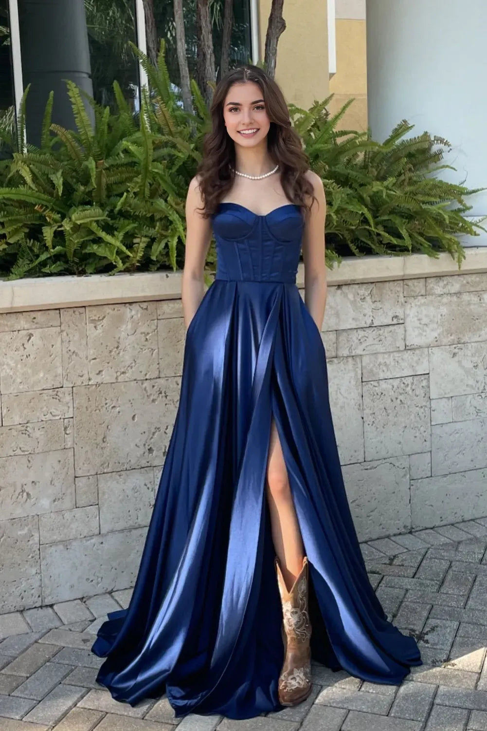 Elegant  Navy Blue Satin A - Line Sweetheart Neck Sleeveless Corset Lace -Up Back Floor - Length Prom Dress With Slit