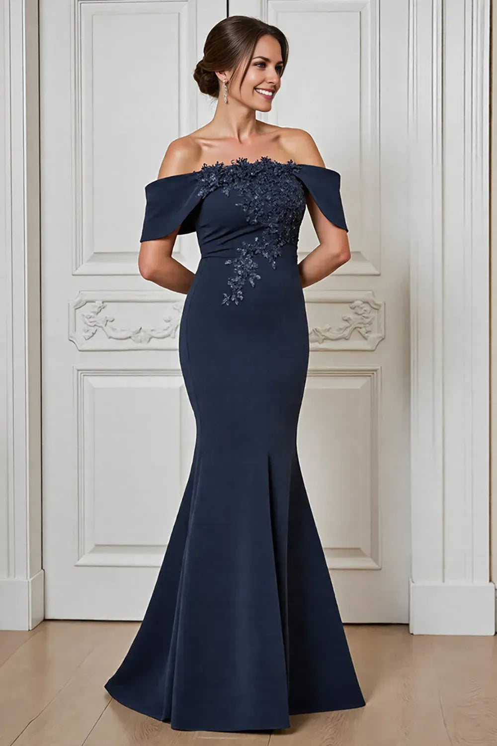 Elegant Navy Blue Satin Off-Shoulder Lace Appliqué Mermaid Mother of the Bride Dress hot sale