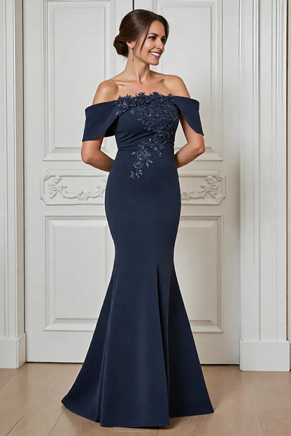 Elegant Navy Blue Satin Off-Shoulder Lace Appliqué Mermaid Mother of the Bride Dress hot sale