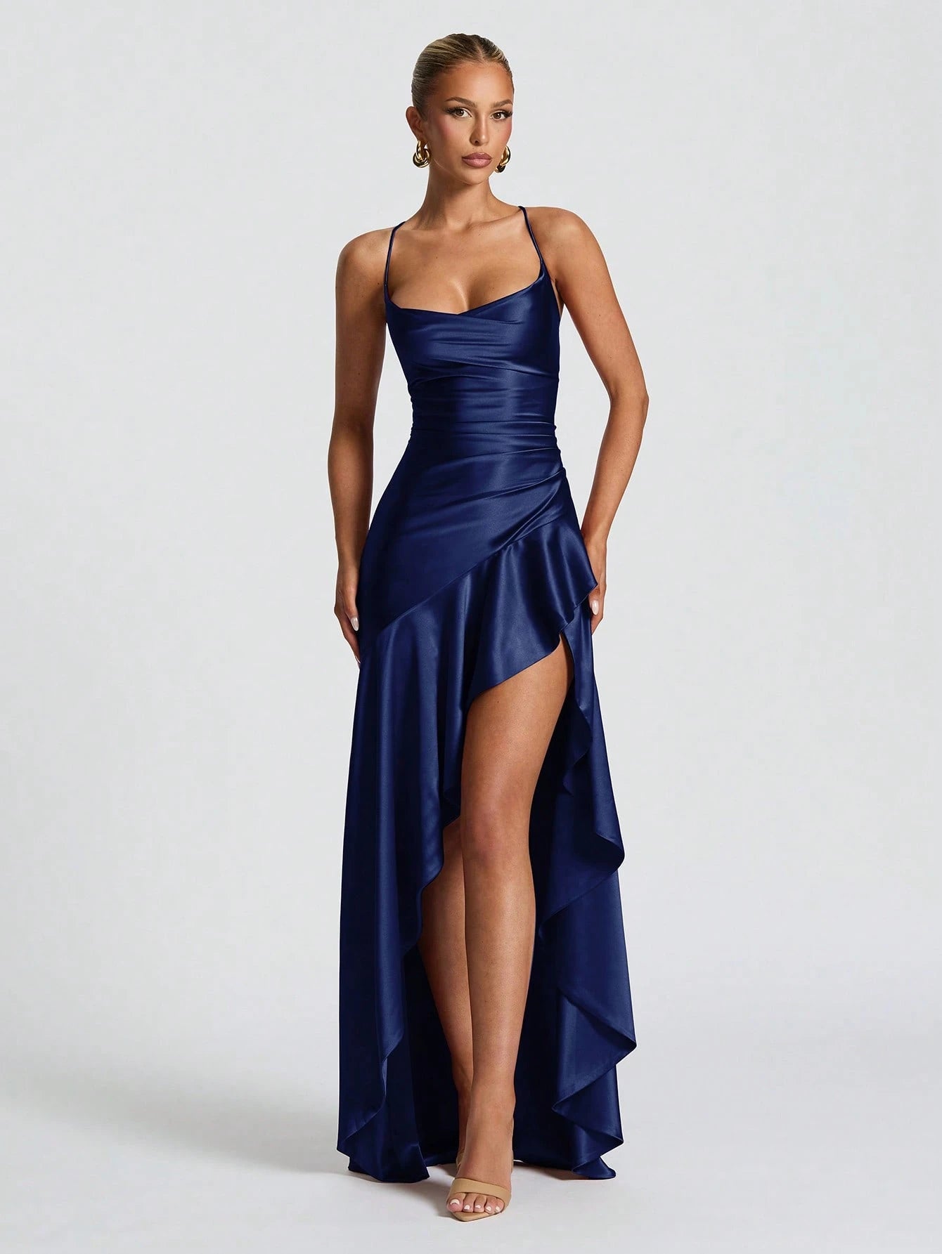 Elegant Navy Blue Sheath Halter Neck Spaghetti Strap Lace-Up Back Satin Ruffled Slit Floor-Length Prom Dress